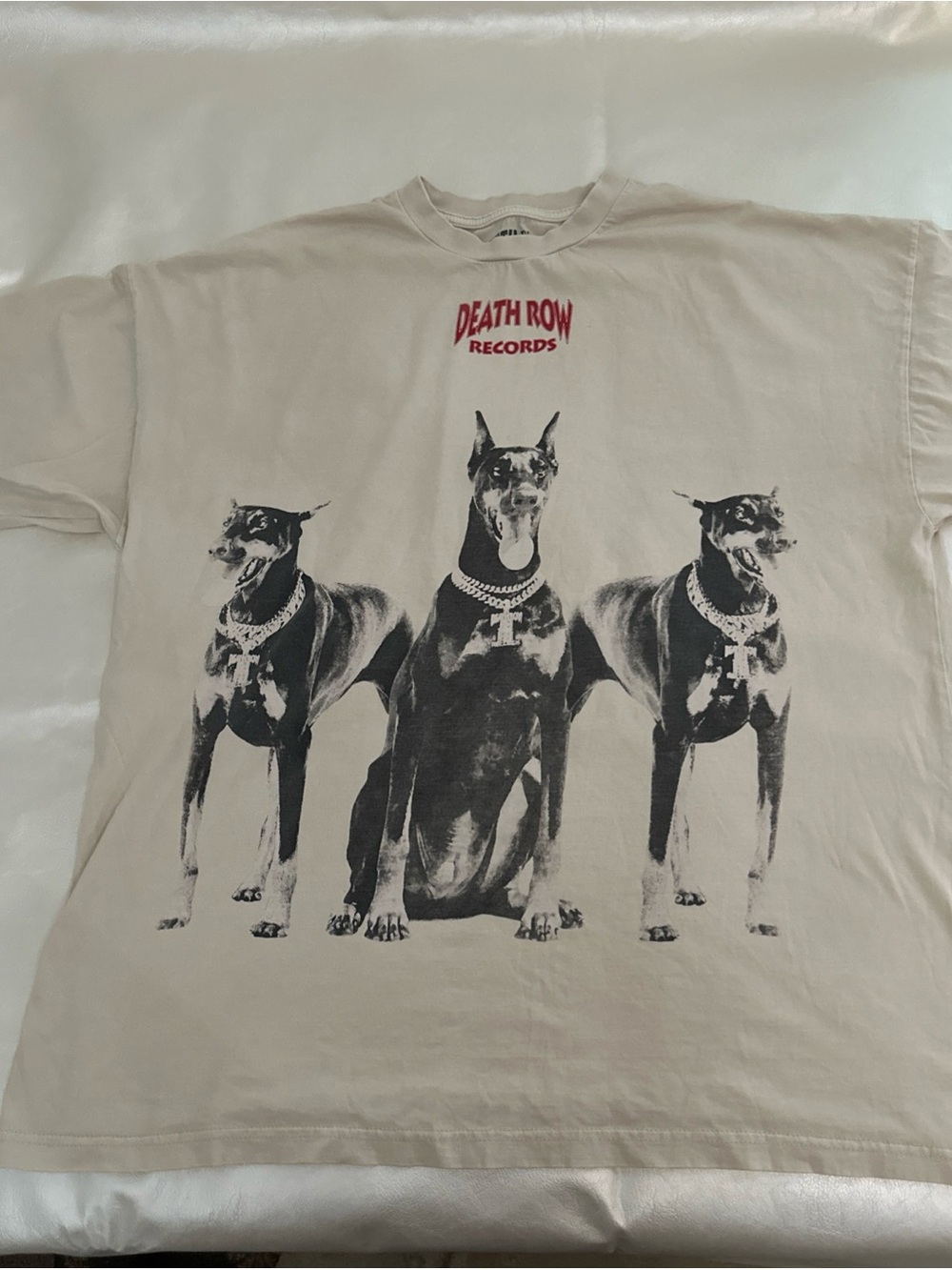 Death Row Records Beige Graphic Tee with Doberman Print